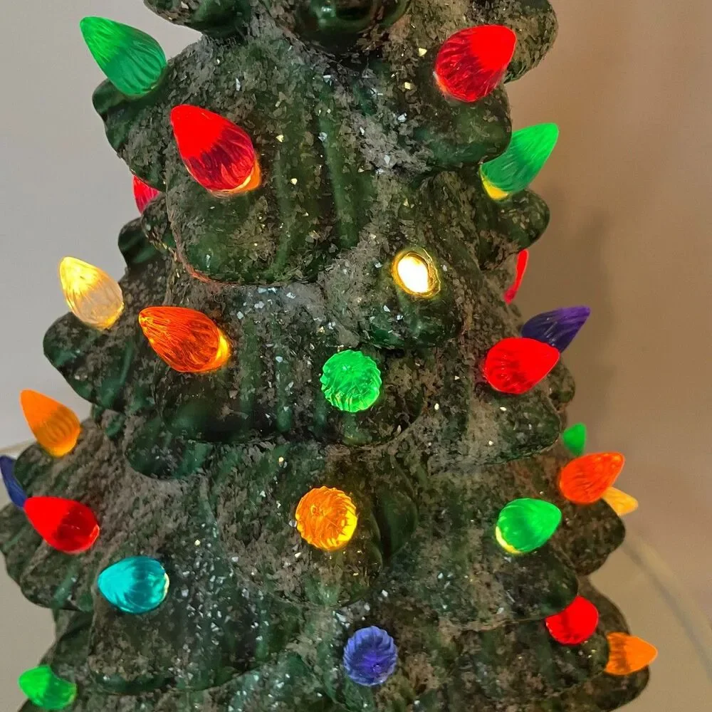 Vintage lighted ceramic Christmas tree; glitter snow Holland Mold Table top tree